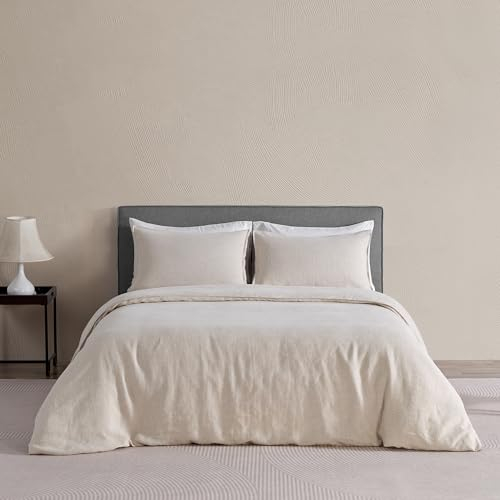 DAPU Leinen Bettwäsche, 100% Reiner französischer Flachs Atmungsaktives Bettwäsche Set 200×200cm+2 80×80cm mit Öko-Tex 100 Standard, Weiches Stone-Washed Bettbezug mit Reißenverschluss, Beige