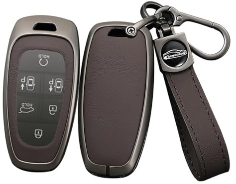 ontto Coque de Clé de Voiture Adapté pour Hyundai Santa Fe Ioniq 5 Staria Tucson Nexo NX4 Atos Solaris 2020-2024 Alliage de Zinc Étui Cas de protection en Cuir avec Porte-clés 3/4/5/6 boutons-A Marron
