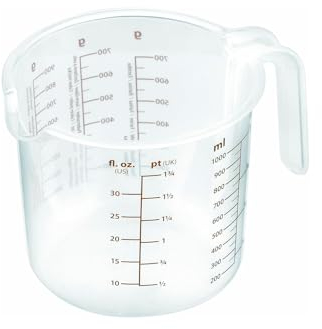 Avilia Brocca Graduata con Beccuccio Versatore e Manico - Dosatrice Multifunzione per Liquidi e Solidi, Scala in Grammi e Litri, BPA Free, Lavabile in Lavastoviglie, in Plastica, 1L