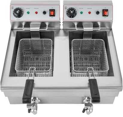 Gewerbliche elektrische Bratpfanne mit 2 Körben für Schnellrestaurants Snackbars 60-200℃/140-392 ℉ Filterlöcher hähne 6000W Schnelle Erwärmung 201 Edelstahl zwei 2,20 Gal Behältern