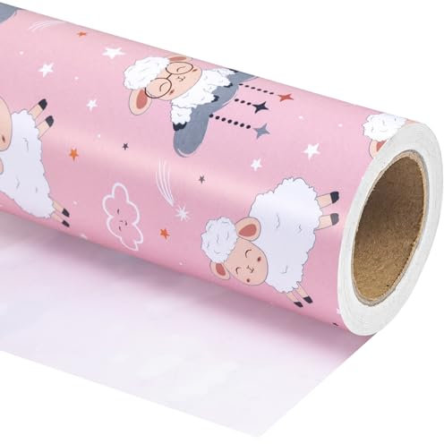 RUSPEPA Geschenkpapier für Babypartys – Mini-Rolle – 43,2 cm x 10 m – bezauberndes rosa Schaf-Design für Babypartys, Geburtstage, Partys, Feiertage