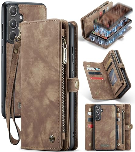 UFinetech für Samsung A55 Hülle, Stoßfest Kartenfach Magnetisch Abnehmbare Tasche Handyhülle für Samsung Galaxy A55 5G, Flip Reißverschluss Lanyard Leder TPU Klapphülle Kratzfest Schutzhülle, Braun