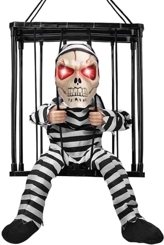 Sathychanpy Skelett Animierte Halloween Dekorationen,Gruseliger Halloween-Deko-Anhänger,Schreiende animierte Halloween-Dekorationen,Sprechender Gefangener Anhänger mit Leuchtende rote Augen