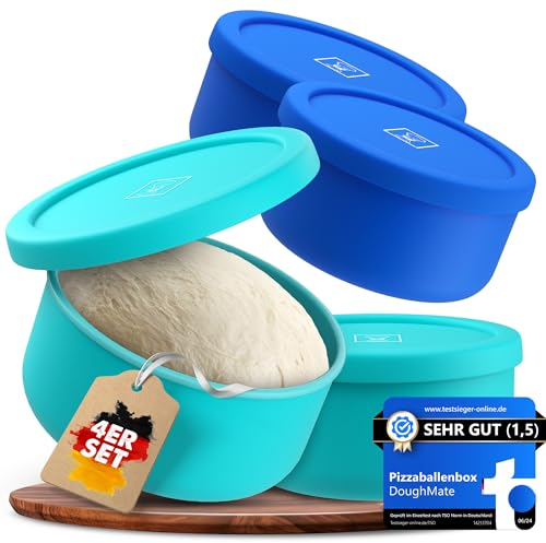 DoughMate Pizzaballenbox mit Deckel 4er Set - Ideal als Pizzabox, Teigbox, Gärbox, Für bis zu 350g Pizzateig, Anti-Haft-Silikon, Gefrier- und Spülmaschinengeeignet, Lebensmittelecht