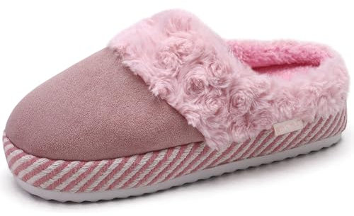 ONCAI Chaussons Femme Pantoufles à Semelle de Tapis de Yoga Moussée Confortable Chaud Fausse Fourrure en Poils Hirsutes Suède Semelle en Caoutchouc Hiver Intérieur/Extérieur Rose Dimensions 36