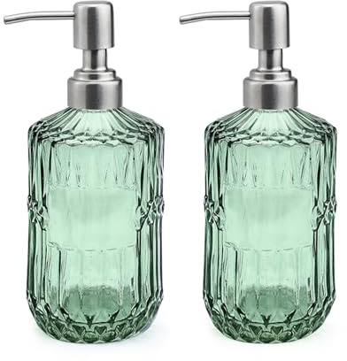Realand Glas-Seifenspender mit Edelstahl-Pumpe, 450 ml, Vintage, nachfüllbar, Flüssigseifenspender-Set für Badezimmer, Küche, Handseife, Spülseife, Lotion, 2 Stück (grün)