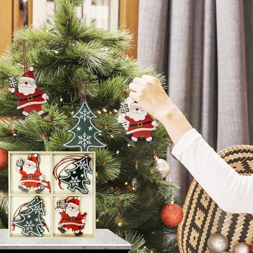 Trimming Shop 8Pcs Wooden Christmas Hanging Decorations, Rustic Xmas Tree Ornaments with Santa Claus, Reindeer, Stars, Bells, Angels & Snowflakes, Farmhouse Gift Tag Baubles - 4 Designs