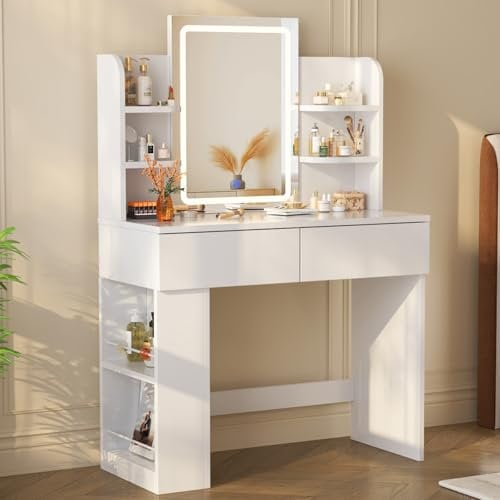 Devoko Toeletta Trucco con Luci LED 3 con Luminosità Regolabile,Tavolo da Trucco con Specchio, Ripiani Regolabili, 2 Cassetti, in Legno,Moderno (Bianco, 90cm)