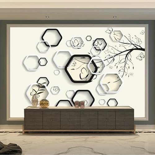 Papier Peint Panoramique Hexagonal Beige Noir Papier Peint Chambre Adulte Papier Peint Panoramique Enfant Papier Peint Salon Décoratif Papier Peint Intissé 300x240cm