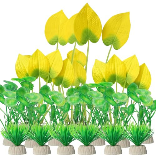 BEGONDIS 15-Piece Lifelike Plastic Aquarium Plants Set, Vibrant Underwater Garden (Yellow)