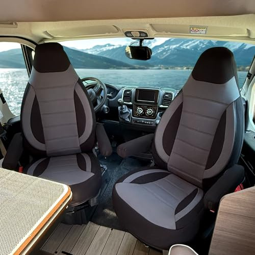 Auto Interieur Meester Sitzbezüge passend Kompatibel FIAT Ducato Wohnmobil 2-teiliges Set für Fahrer & Beifahrer mit Armlehnenbezügen, kompatibel mit Pössl, Knaus, Adria, Carthago u.a Schwarz - Grau