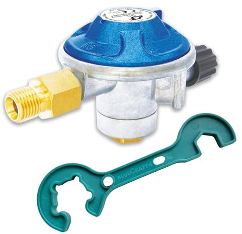 Bluecraft Kartuschen Gasdruckregler 50mbar für Schraubventilkartuschen für Gasgrill, Camping Gaskocher inkl. Gasregler-Schlüssel