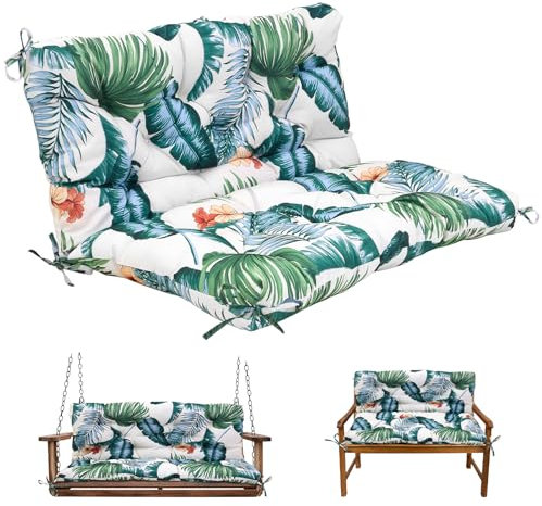 Warmiehomy 2/3 Seater Patio Swing Cushion with Backrest, Waterproof Garden Bench Cushion with Back, 120x100x8cm Comfortable Outdoor Bench Seat Cushion with Ties for Canopy Furniture, Leafage