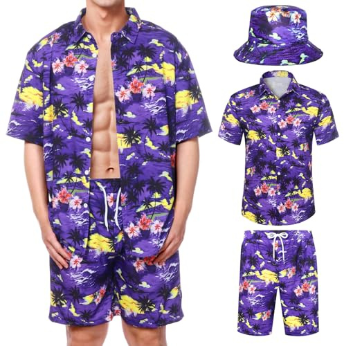 Joyesplay Hawaii Hemd Männer,3 Pcs Hawaii Outfit Herren mit Flamingo Hemd Shorts Fischerhut Hawaiihemd für Sommer Set Herren Beach Party