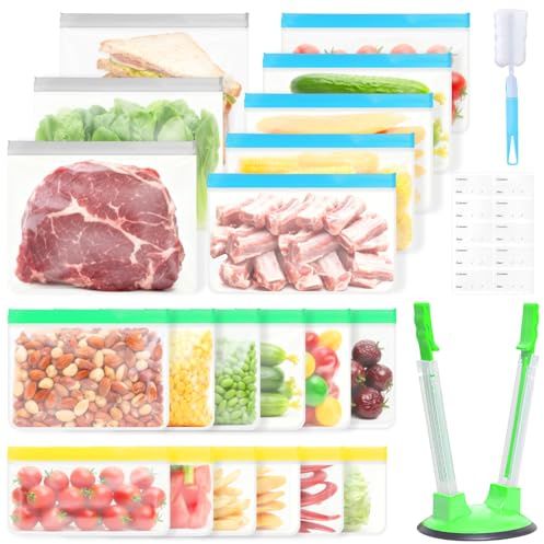 Ferenando 20 Pack Reusable Freezer Bags with Holder (0.6-3.1L), BPA Free, Leakproof Food Storage Bags - 4 Sizes, Multipurpose Freezer Bags for Meal Prep, Snacks, Fruit, Vegetable, Soup, Meat, Grains