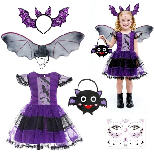 VOPIWOZ Costume de Chauve-Souris Halloween pour Fille, Costume de Sorcière pour Enfant, Costume de Chauve-Souris pour Enfant Avec Ailes et Robe, pour Carnaval, Halloween, Bal Masqué