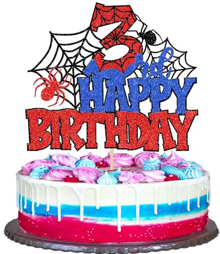 Xsstarmi 1 Pack Happy 3rd Birthday Cake Topper Red Blue Glitter Black Spider Web Superhero Theme Cake Pick for Boys Girls Third Birthday Anniversary Celebration Party Cake Decorations