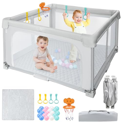 Growithu Faltbares Babyspielzelt 127×127cm: Indoor- & Outdoor-Laufgitter – Mit Transportbeutel, 20 Bällen, 4 Ringen und Basketballkorb + Passende Schaumstoffmatte