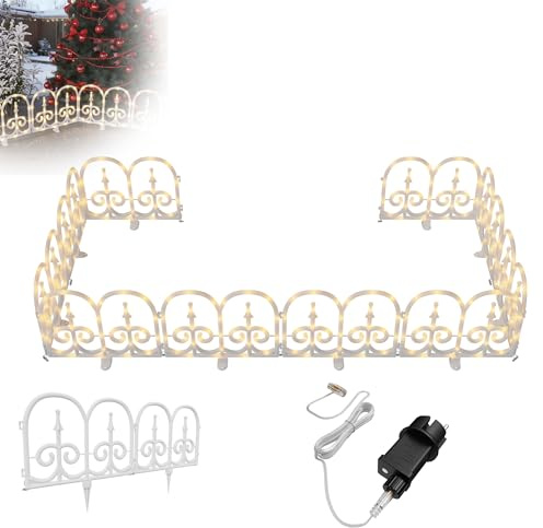 XMTECH LED Weihnachtsbaum Zaun 1,88 m, 5 Stück weißer Lattenzaun mit 160 LEDs, 8 Lichtmodi, warmweiße Beleuchtung, IP44 wasserdicht, flexibler dekorativer Garten- und Weihnachtszaun