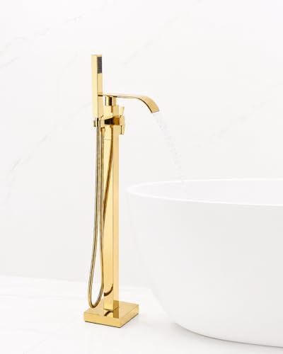 Freestanding Bathtub Faucet Polished Gold Floor Mount Waterfall Tub Filler High Flow with Hand Shower Solid Brass 360 Degree Swivel Standing Mixer Taps for Bathroom