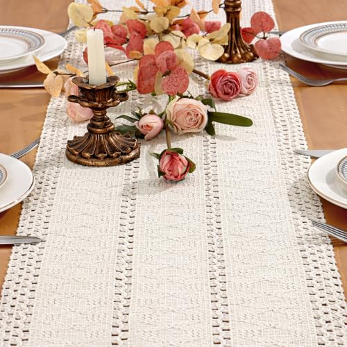 Boho Bauernhaus Makramee Tischläufer Weiß Küche Tisch Dekoration 30x180 cm | Dremisland Landhausstil Waschbar Tischdeko Tisch Läufer Esstisch Dekoration für Party Geburtstag Valentinstag Hochzeit