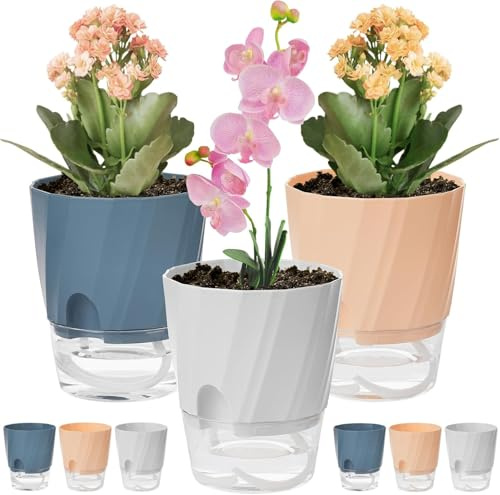 KAHEIGN 6 Pièces Pots à Arrosage Automatique, 12CM Pot de Fleurs en Plastique avec Trou de Drainage et Grand Réservoir - Pots pour Bonsaï Aloès Herbes Orchidées Succulentes Plantes (3 Couleurs)