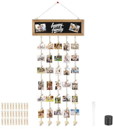 Hahorpa Fotovorhang with 30 Klammern and Verstellbarer Leine, DIY Fotowand | with Tafel for die Wanddekoration, Bilderrahmen Collage with weißem Filzstift for Familie, Geburtstage, Gedenktag, Geschenke