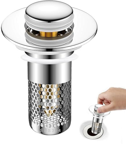 1 Stück 3-in-1 Pop-up Abflussstopfen Waschbecken, Edelstahl Abflusssieb mit Filterkorb, Universal Stöpsel für Bad & Küche, Anti-Verstopfung Ablaufventil für 34-38mm Abflusslöcher, Tiefe >5cm