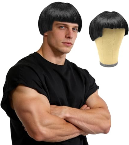 GYIOFAI Ibiza Final Boss Black Bowl Cut Wig, 60s 70s 80s Funny Mushroom Wig with Bangs, Funny Bowl Cut Hairstyle, Short Straight Hair, for Halloween Christmas Event Costume Role Play Party (Black)
