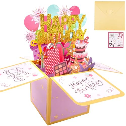 Födelsedagskort, 3D Pop-Up Happy Birthday kort, Handgjort vikbart kort med kuvert, Födelsedagspresent till fru, flickvän, män & vänner – Roséguld 18x19 cm