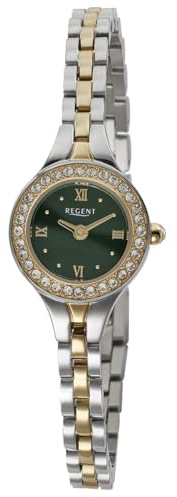 REGENT F-1673 Damenuhr Edelstahl Bicolor/Grün mit Kristallen besetzte Lünette 19 mm Quarz
