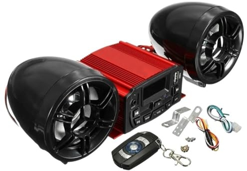 ENMYDB Handlebar Audio Player 12V Motorcycle Sound SD MP3 2 Speakers Audio Remote Control Red FM Radio