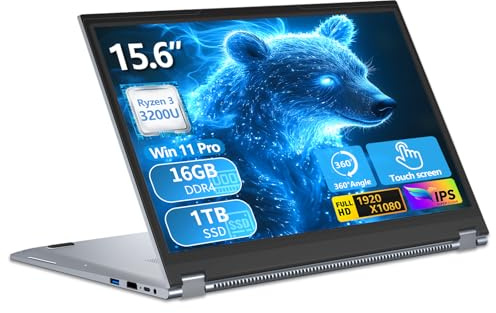 PC Portatile 2 in 1 Touchscreen 15,6 Pollici Ryzen R3-3200U (fino a 3,5 GHz), Win 11 Notebook 16GB DDR4 RAM 1TB SSD 360° Rotation Touchscreen FHD IPS, Laptop Tastiera Retroilluminata RJ45 WIFI5 HDMI