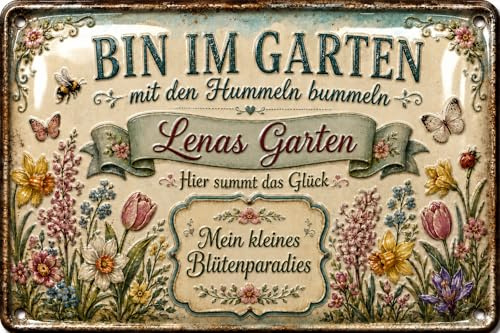 schilderkreis24 Personalisiertes Gartenschild mit Wunschname – „Bin im Garten“ Schild mit Hummeln, Blumen & Blütenparadies Spruch, Garten Deko Geschenk für Gärtnerin, Mama, Oma, Terrasse, Balkon