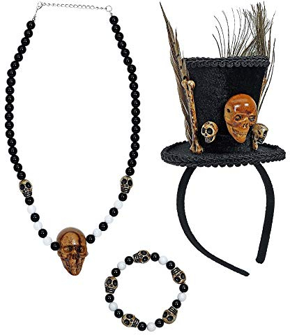 W WIDMANN MILANO Party Fashion - Verkleidungsset Voodoo Priesterin, Minizylinder, Perlenkette mit Totenkopf, Totenkopfarmband mit Perlen, Karneval, Mottoparty, Halloween