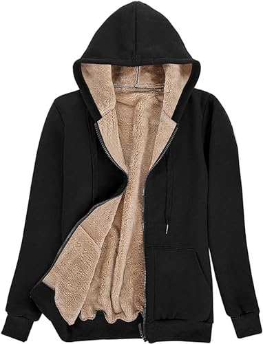AOTORR Ladies Plain Hoodie Winter Warm Fleece Lined Zip Up Hooded Sweatshirt Jacket Coat for Women, L, Black