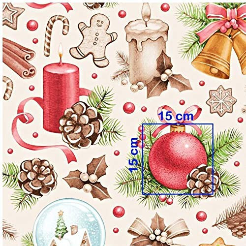 Pingianer 12,99€/m 100x160cm 100% Baumwolle Weihnachten Baumwollstoff Kinder Meterware Handwerken Nähen Stoff (Schneekugel Klocken Beige, 100 x 160 cm)