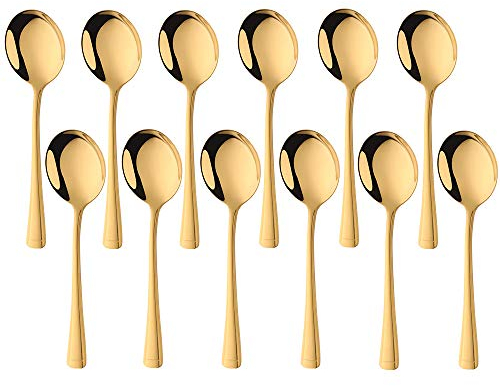 12-Piece Round Bouillon Spoons Soup Spoons, Gold Stainless Steel Cutlery Set for Home Kitchen or Restaurant, Buyer Star Mirror Polished Tableware