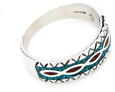 SILVERFOX Indianerschmuck Ring Türkis Koralle Chip Inlay Westernschmuck Indianerring Navajo Style