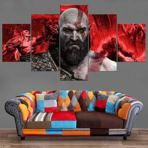 ERSHA Moderne Gott Und Krieg Leinwand Kunst 5 Stück Home Decor Artwork Hd-Druck Kratos Bild Poster Wandkunst Im Wohnzimmer Gerahmt(Gerahmt)