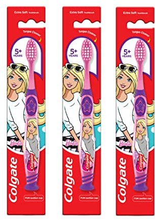 Colgate Kids Barbie Zahnbürste ab 5 Jahren, 3 Stück, extra weiche Borsten mit Zungenreiniger