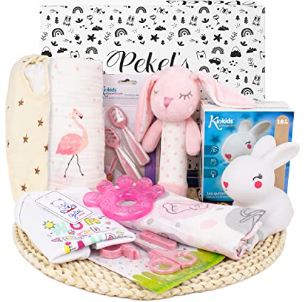 PEKEL'S Geschenkbox für Neugeborene | Newborn Baby Layette | Unisex Baby Basket mit Babydecke, Kleidung, Plüschtier und essentiellem Zubehör | Geschenkset für BabyShower & Geburt (Rosa)