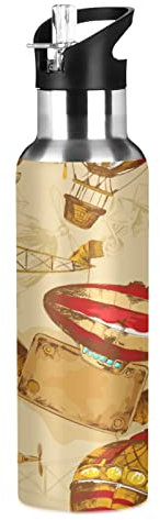 Mnsruu Mignons Ballons d'avion Vintage Europe Isotherme Bouteille d'eau avec Paille, Gourde Sport en Acier Inoxydable 600ML Gourdes sans BPA pour Enfant Garçon Fille École Bureau
