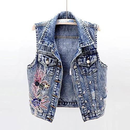 DVRFEBT Ärmellose Jeansweste Für Damen - Flower Pailletten Perlen Plus Size Short Denim Jacke, Mit Tasche Einreihige Casual Weste Frühling Sommer, Streetwear Weibliche Alltagskleidung,Blau,Xxl
