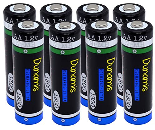 8pk Dunamis 1.2v AA 1300mAh NiMH Rechargeable Batteries - MEDIUM CAPACITY Suitable for most standard uses.(AA 1300mAh, 8 Pack)