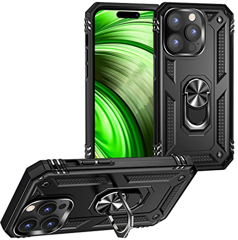 NALIA Military-Style Ringhülle kompatibel mit iPhone 14 Pro Hülle, Extrem Schützend Stoßfest Robust Outdoor, 360° Ring für Standfunktion & KFZ-Halterung, Hardcase & Silikon Cover Case, Farbe:Schwarz