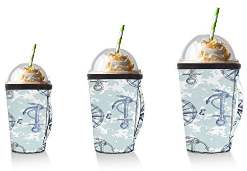 Set di 3 confezioni riutilizzabili calde e ghiacciate maniche per tazza da caffè a tema nautico, in neoprene, con stampa a tema nautico (16,24,32 g)