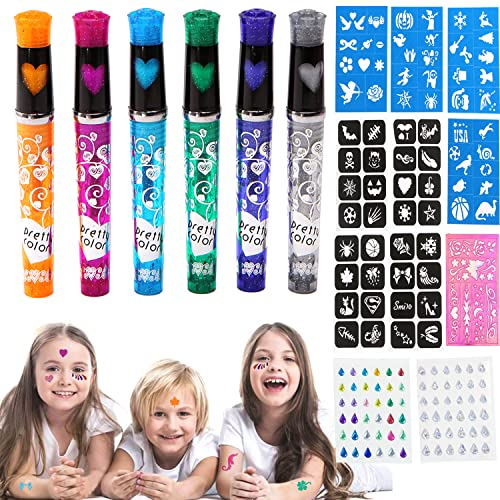 Tattoo Stifte Kinder,6 Glitzer Farben Tattoo Gelstifte mit 9 Schablonen + 2 Gesicht Edelstein,Glitzer Tattoo Kinder,Tattoo Stifte Set,Glitzer Tattoo Stifte für die Haut für Halloween Weihnachten Party