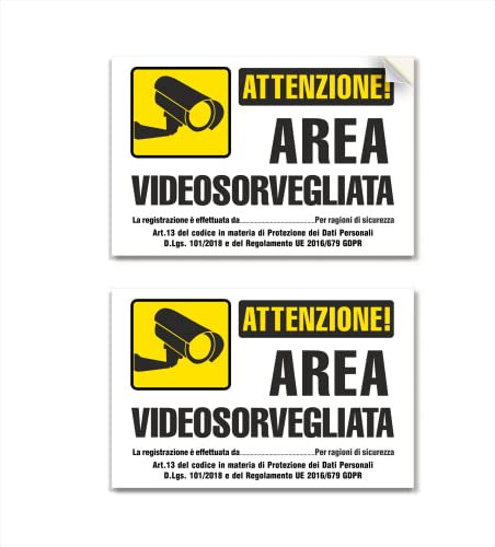 2 Adesivi Videosorveglianza, Area Videosorvegliata, misura 20x15 cm in vinile morbido laminato Anti UV, 2 pz.