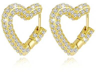 Ohrringe Herz Creolen Gold Damen, Sterling Silber 925 Creolen Herz Gold, Ohrringe Strasss Creolen Klobig, 14K Vergoldete Creolen mit Zirkonia Dick Groß Ohrringe klobig Creolen Herz für Damen Frauen
